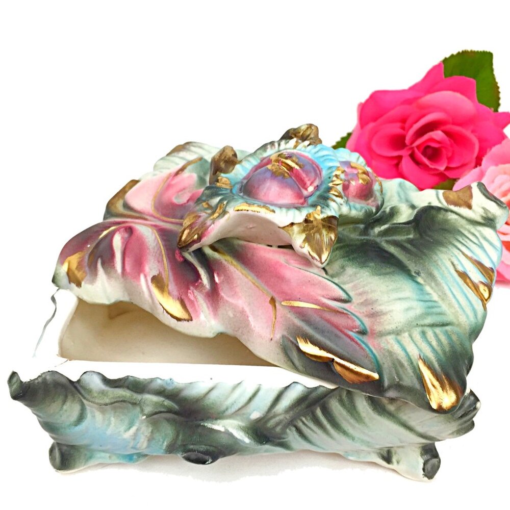 Vintage Nasco Japan Delcoronado Ceramic Floral Vanity Jewelry Box